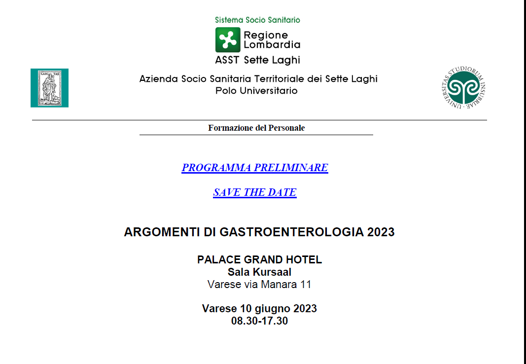 ARGOMENTI DI GASTROENTEROLOGIA 2023 SAVE THE DATE
