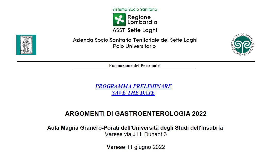 ARGOMENTI DI GASTROENTEROLOGIA 2022 SAVE THE DATE