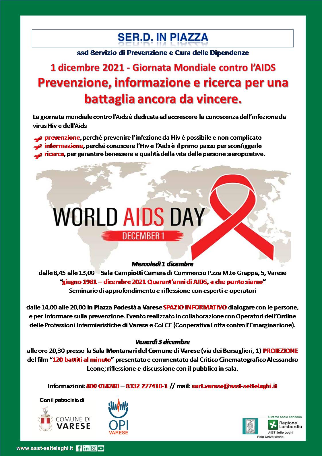 1° dicembre 2021 - Giornata Mondiale contro l’AIDS. Le iniziative del Ser.D di ASST Sette Laghi