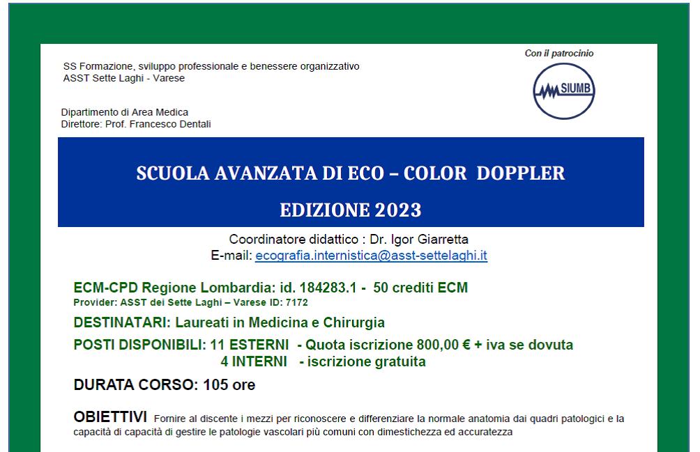 SCUOLA AVANZATA DI ECO-COLOR DOPPLER - EDIZIONE 2023