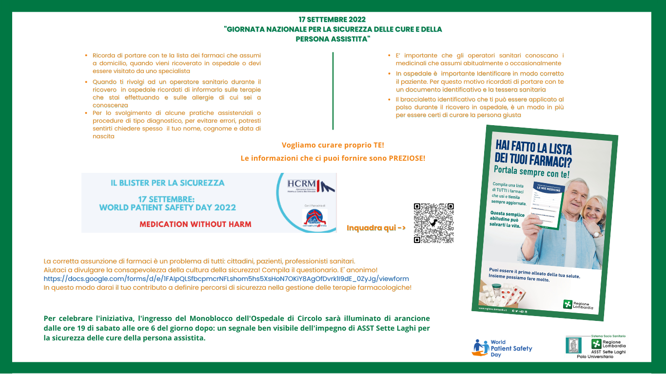 17 Settembre 2022 “Giornata Nazionale per la Sicurezza delle Cure e della Persona Assistita”
