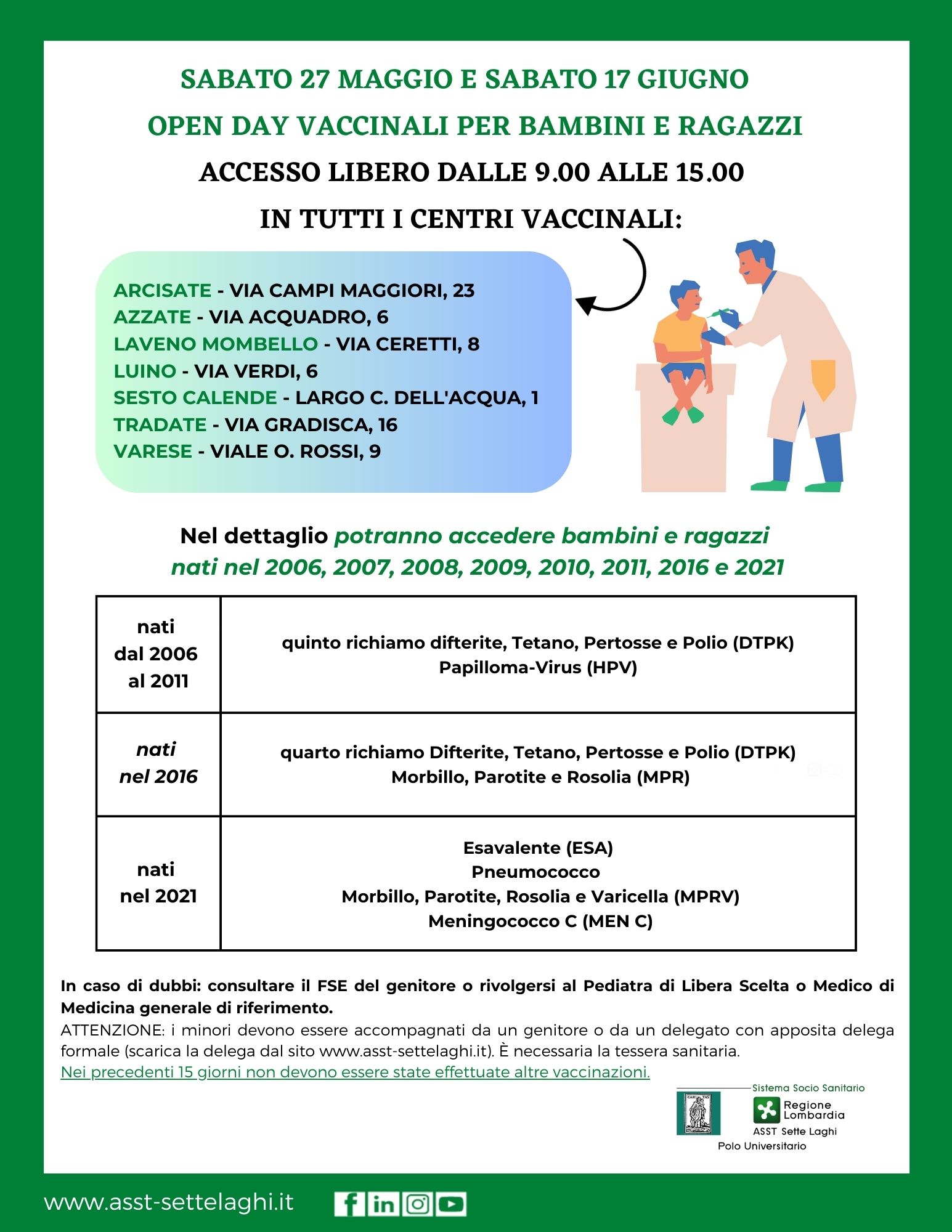 Open day vaccinale per bambini e ragazzi