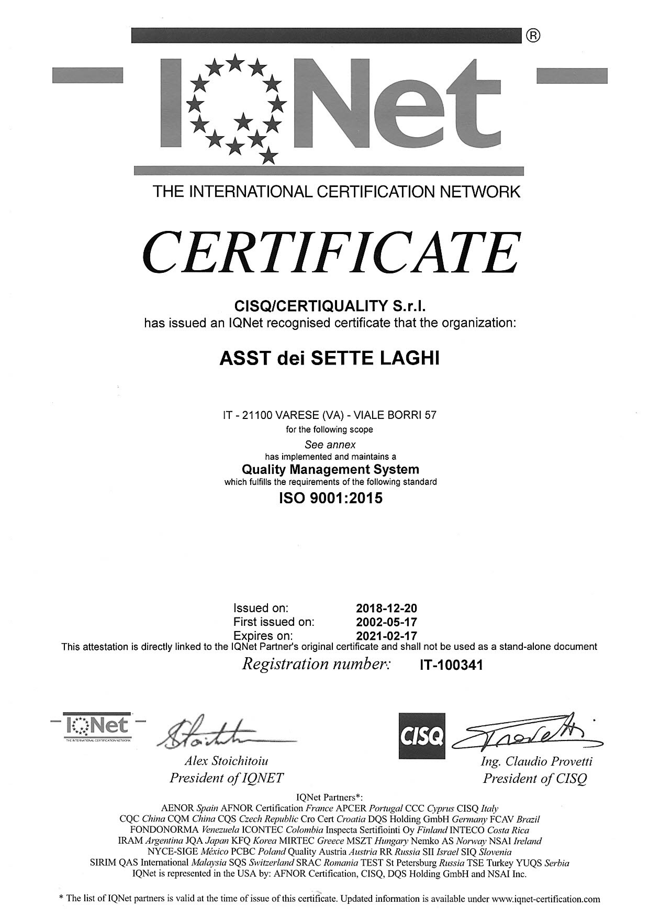 Certificazione di qualità per l'ASST dei Sette Laghi
