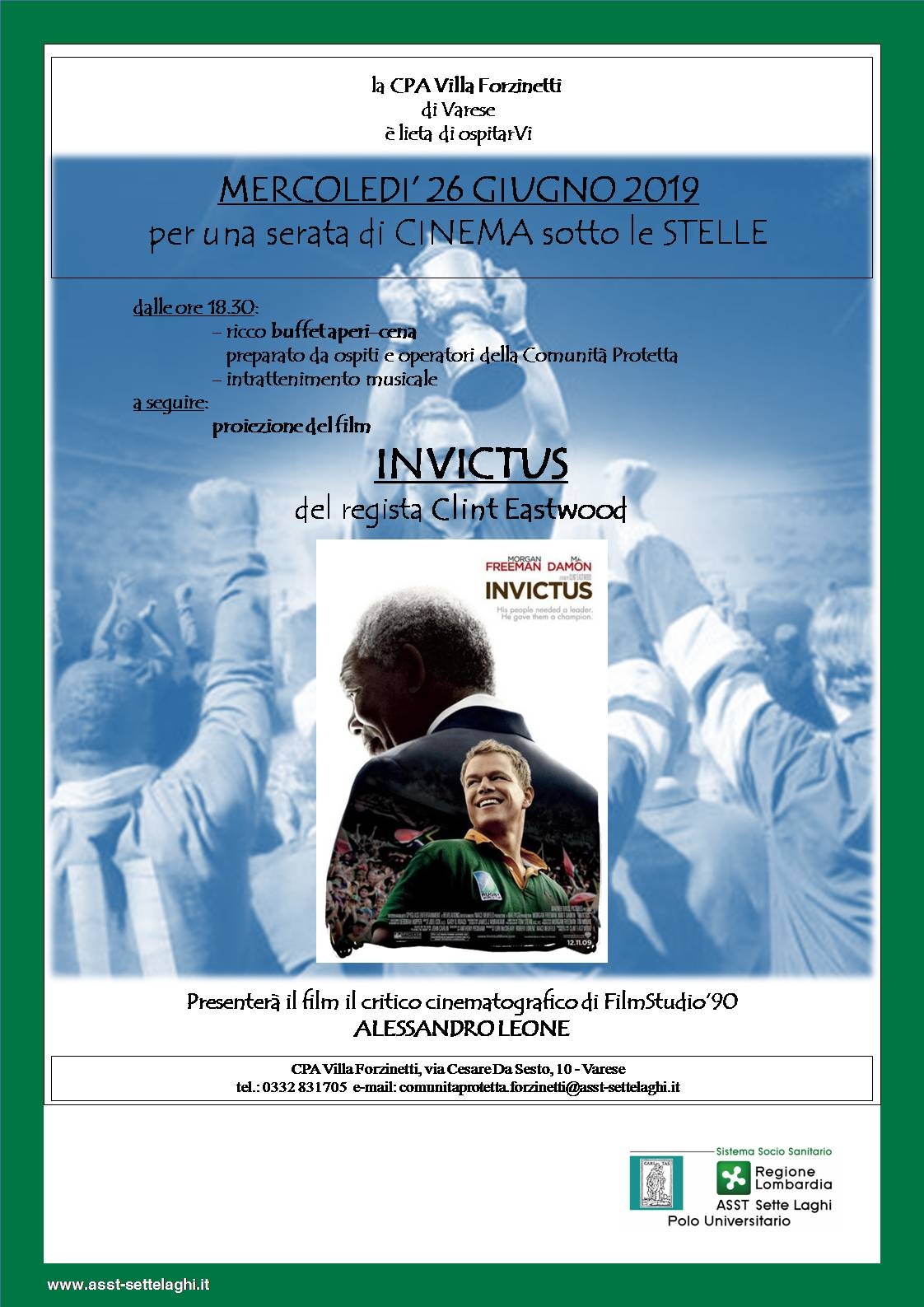 Cinema sotto le stelle a Villa Forzinetti: Invictus, di Cleant Eastwood