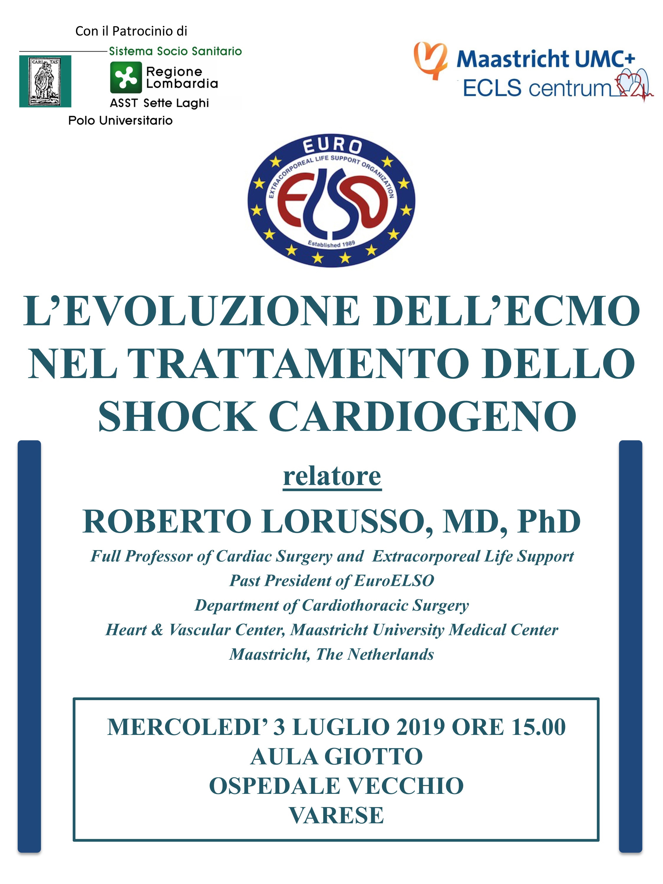 Uno dei massimi esperti di ECMO relatore di un congresso in programma all'Ospedale di Circolo