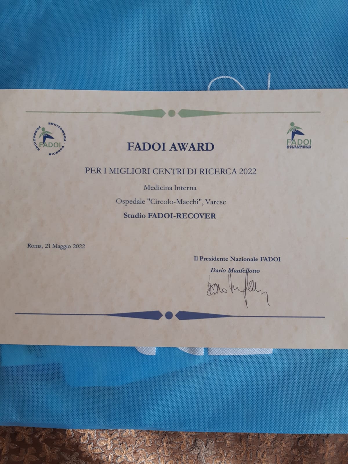  La Medicina interna varesina premiata tra i migliori centri di ricerca Fadoi (Federazione Nazionale dei medici ospedalieri di Medicina Interna). 