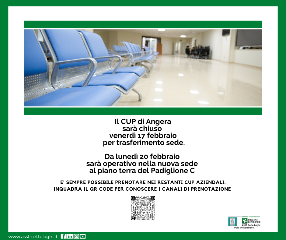 Da lunedì 20 febbraio il CUP dell'Ospedale di Angera si sposta al Padiglione C piano terra - Venerdì 17 febbraio lo sportello sarà chiuso all'utenza