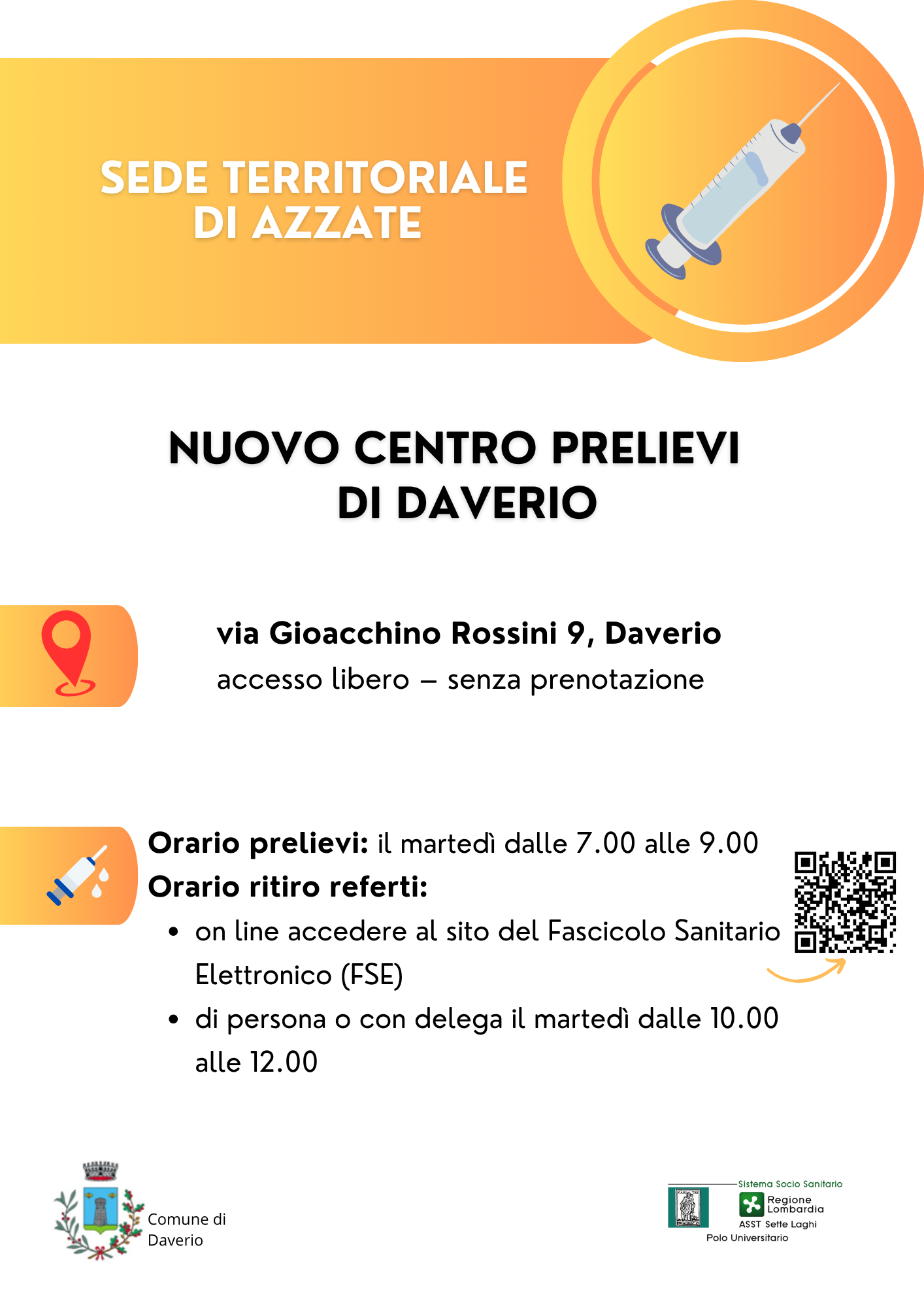 Prosegue il potenziamento dei servizi territoriali: nuovo Centro Prelievi a Daverio