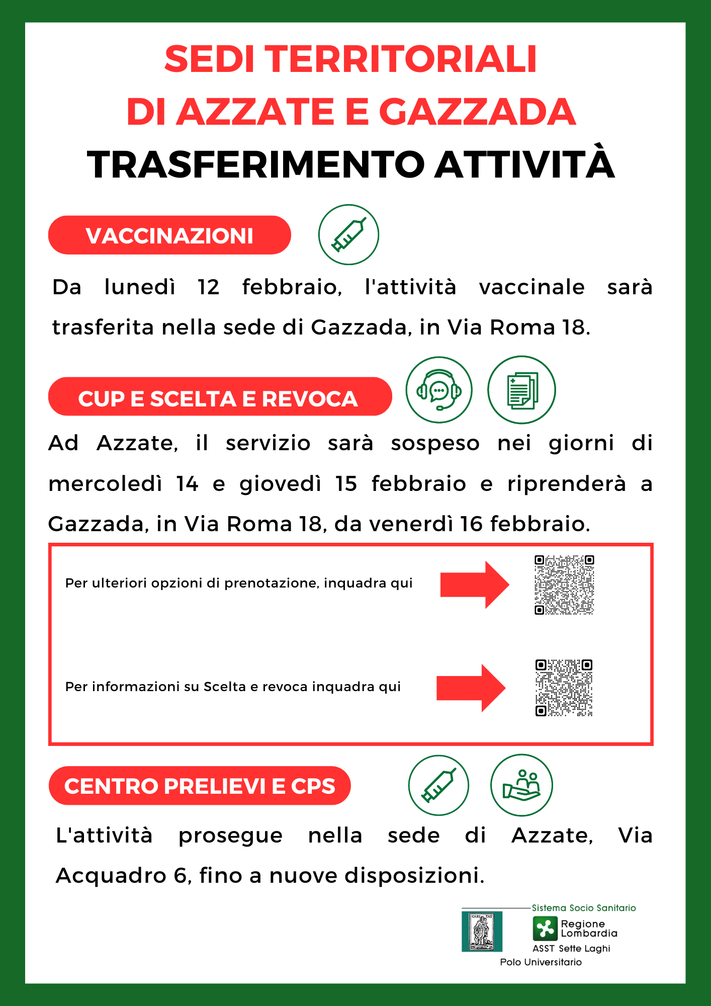 SEDI TERRITORIALI DI AZZATE E GAZZADA TRASFERIMENTO ATTIVITÀ