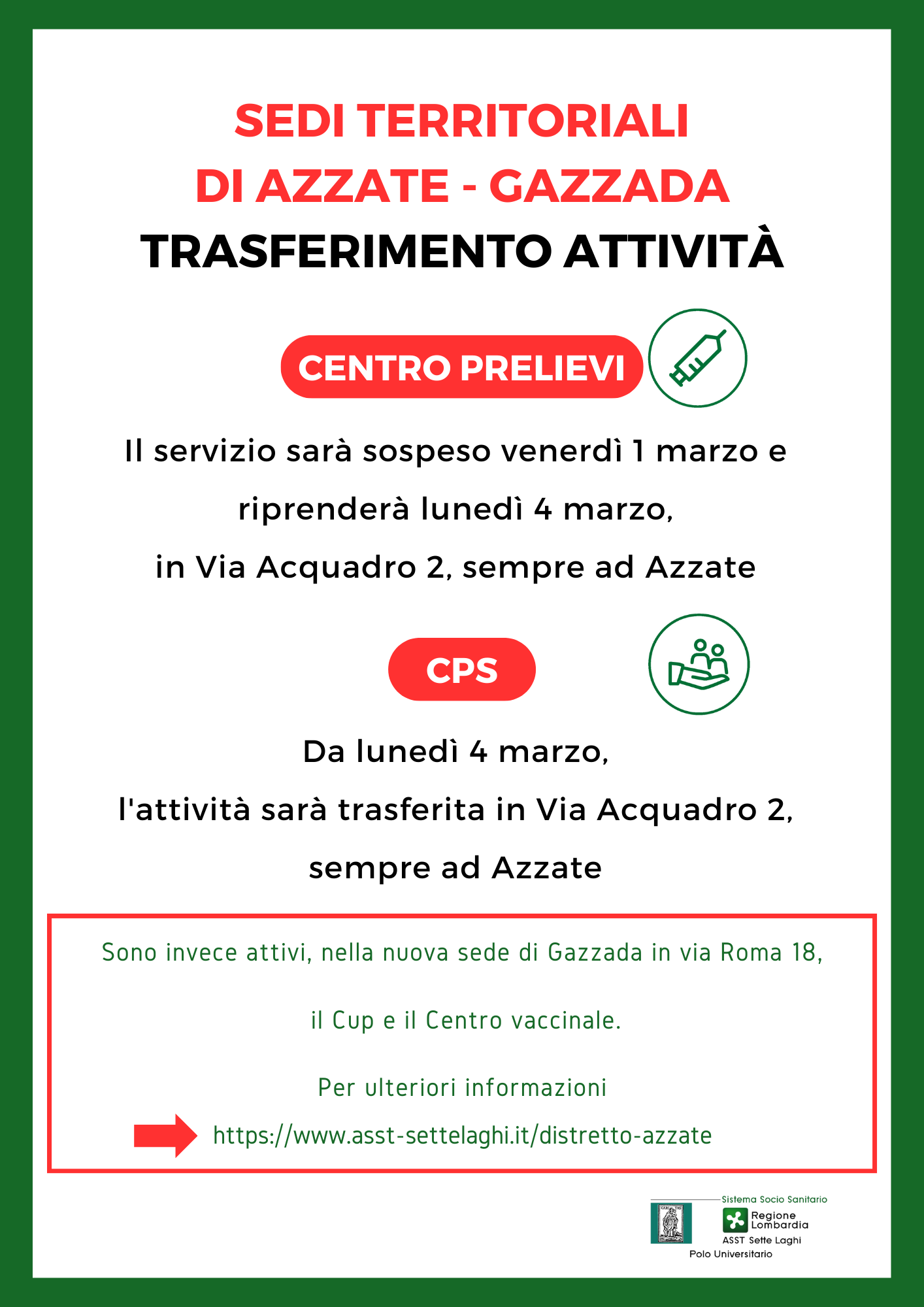 Riorganizzazione dei servizi nel Distretto di Azzate in vista della Casa di Comunità: novità per Punto Prelievi e CPS