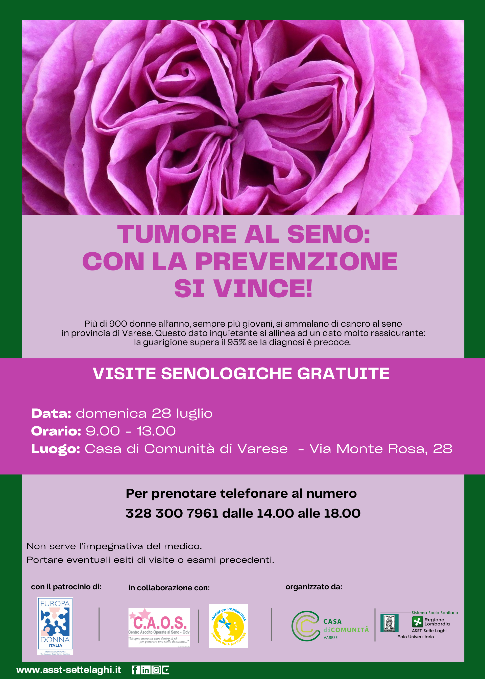 Domenica 28 luglio, visite senologiche gratuite nella Casa di Comunità di Varese.