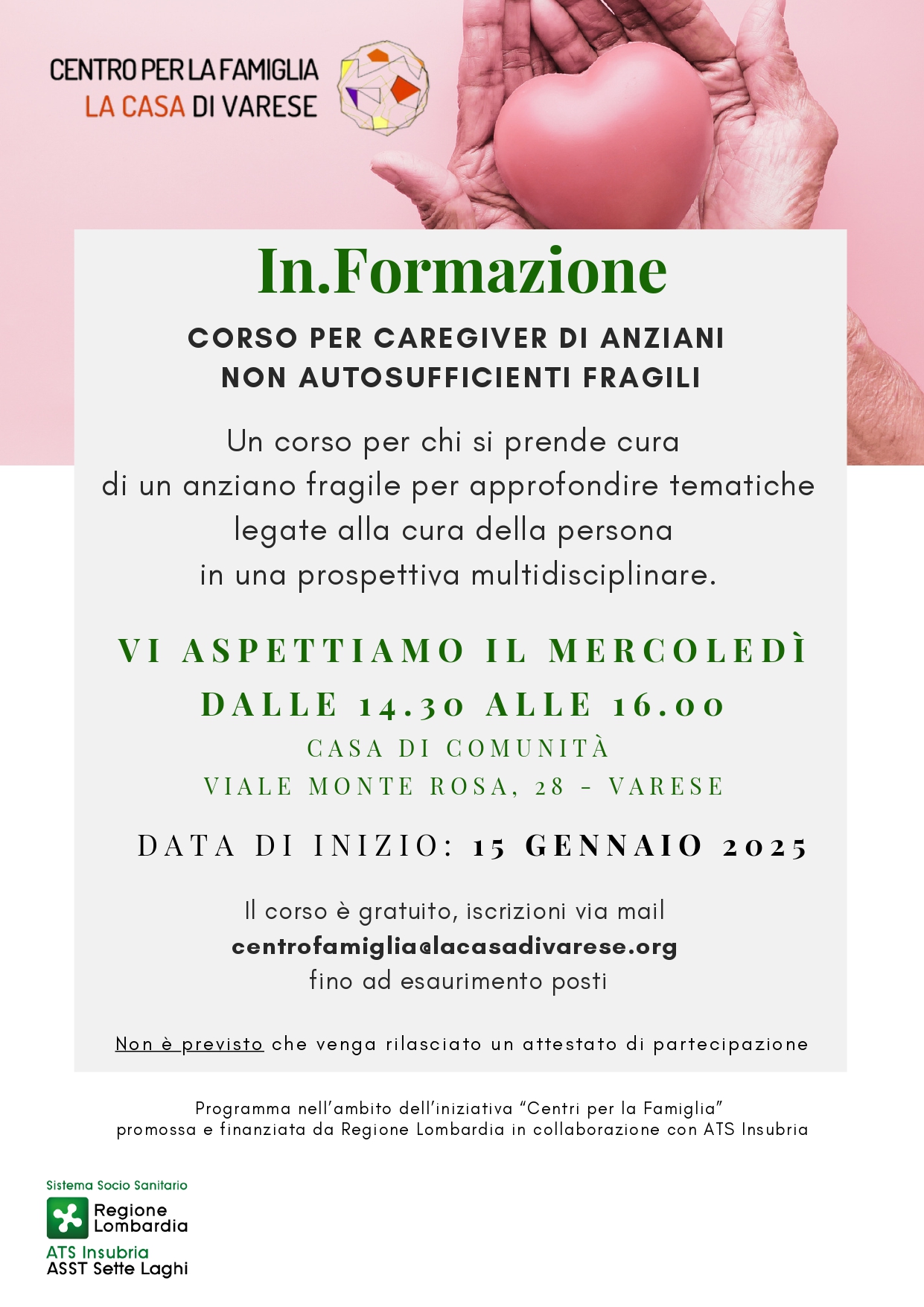 Un corso gratuito dedicato ai famigliari e caregiver di persone fragili.